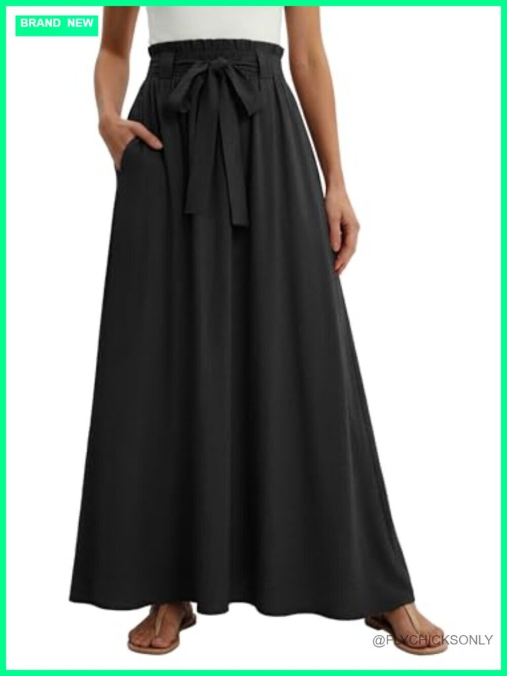 High Waisted Flowy Maxi Skirt with Pockets A-Line Summer Tie Waist